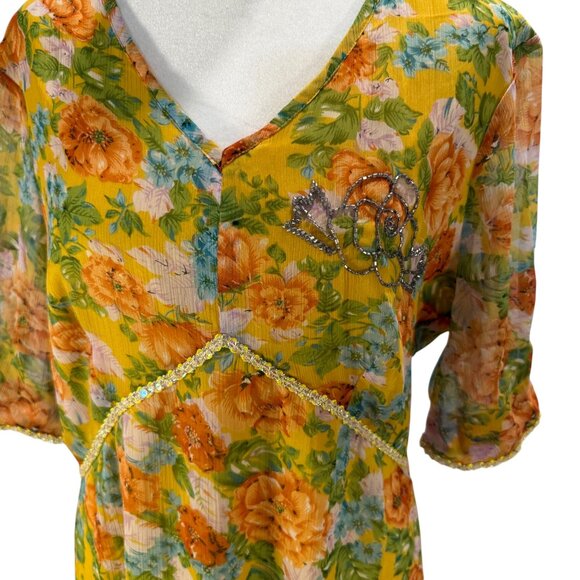 NWT Topshop Yellow Floral Maxi Dress – V-Neck Lace-Up Back, Beaded Detail - Picture 1 of 8